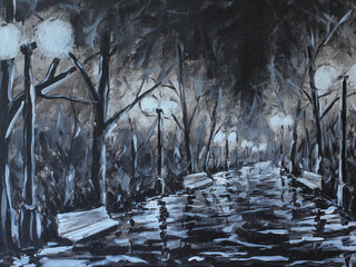 Night park black and white painting