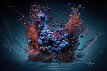 Blueberries splashed or thrown in water. Water splash fresh fruit creative concept idea. Ai generated