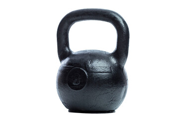 Fototapeta na wymiar Black cast iron weight 8 kg. Sports, activity and weightlifting. Front view. Isolated on white background. Close-up.
