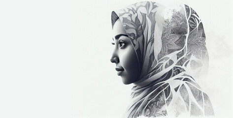 Generative AI painting. Iranian woman face with eyes closed on white copy space background. Islamic female portrait side profile view in hijab. Culture and religion concept. Black and white