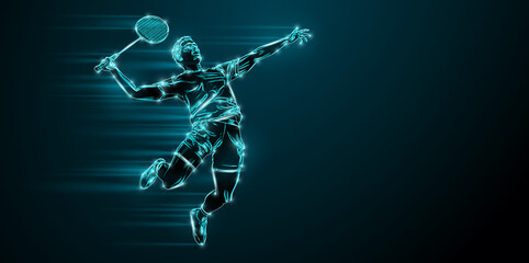 Abstract silhouette of a badminton player on black background. The badminton player man hits the shuttlecock.