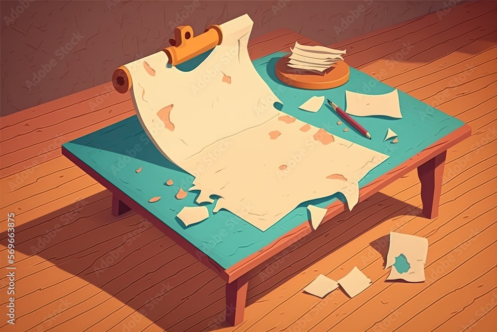 Poster old fashioned retro wooden table with a blank sheet of paper on it. image of a spotty, torn edged, a