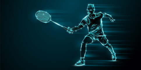 Abstract silhouette of a badminton player on black background. The badminton player man hits the shuttlecock.