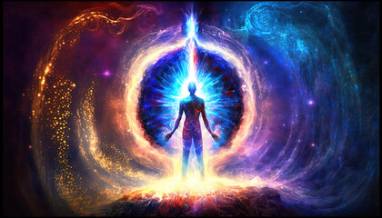 Spiritual awakening. Silhouetted figure standing in front of the divine. Generative AI, this image is not based on any original image, character or person.	