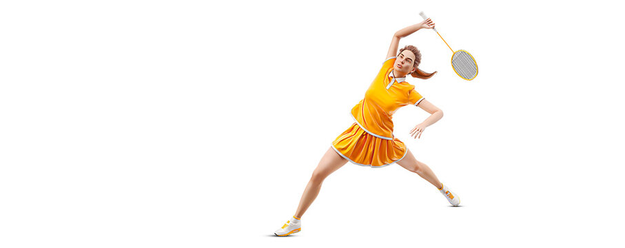 Realistic silhouette of a badminton player on white background. The badminton player woman hits the shuttlecock.