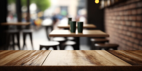 Big Wood Table in Front of Blurred Restaurant background, copy space can be placed your product with Generative AI