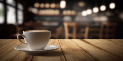 Hot cup of coffee on wood table in front of blurred cafe restaurant background, copy space can be placed your product with Generative AI