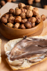Peeled hazelnuts during cooking, close up