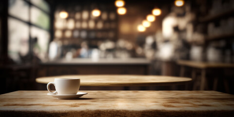 Fototapeta premium Steaming Hot Coffee on Wooden Table with Blurred Cafe Restaurant Background with Generative AI