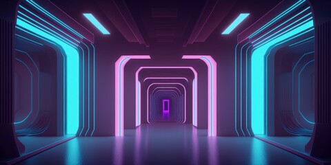 Fototapeta premium Laser Lines Neon Purple Blue Science fiction futuristic showroom, stage, podium, fashion tunnel, hallway, garage, and underground illustration made of concrete, cement, and reflection. Generative AI