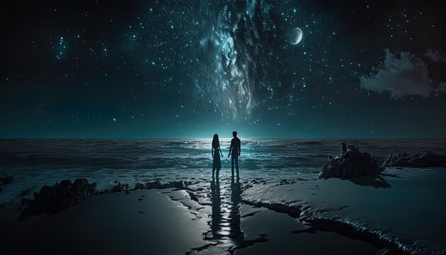 Soulmates on a beach at night with ethereal energy. Generative Ai. 