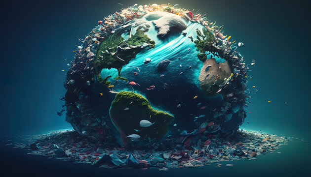 Abstract of Earth from space showing plastic and other pollution in the pristine ocean.  Generative Ai.