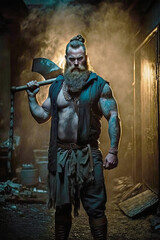 Illustration of handsome strong and muscular Viking man with tattoo holding a weapon in a dark foggy alley. Historical Viking culture concept. Generative AI
