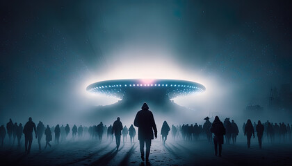 Hundreds of people walking towards a large UFO in the mist.  Generative Ai.