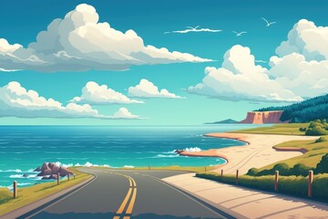 Fototapeta na wymiar the sea, a road, and a blue sky in the summer. Generative AI
