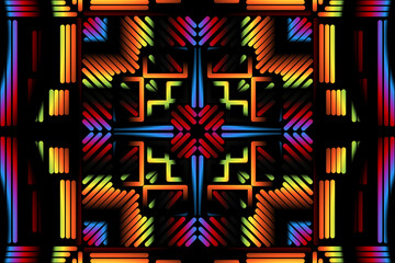 Fototapeta premium Beautiful caleidoscope symmetrical colourful gradient flowers line art of traditional abstract symbol batik dayak ornament design template elements 
