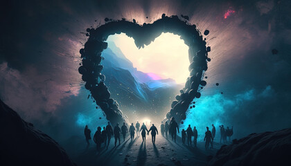 Energetic spiritual portal in the shape of a heart with silhouetted figures entering and friends waiting  on the other side. Generative Ai.