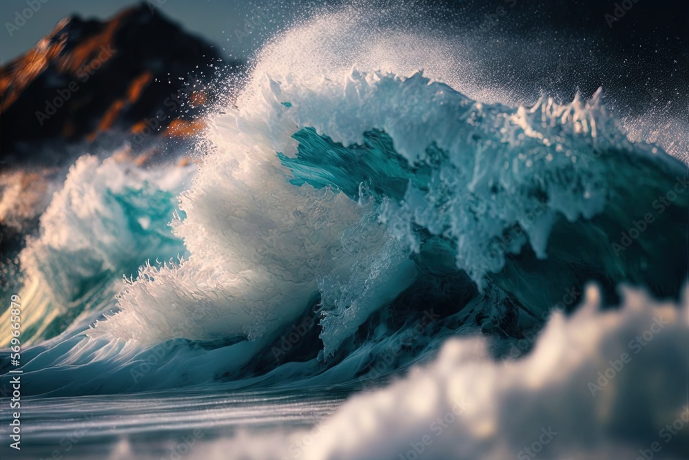 Poster image of the waves crashing on the coast, captured in close up generative ai