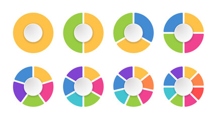 Colorful infographic with pie charts or circle slices division, showing proportional data segments in circular graphic. Each slice represents category and data value. Vector Illustration - obrazy, fototapety, plakaty