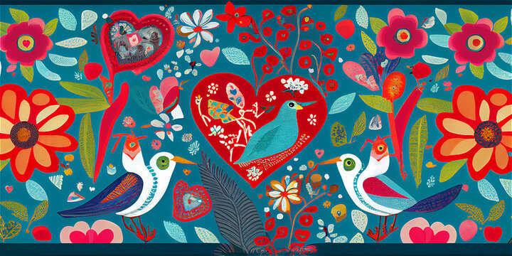 Folk naif pattern ideal for Valentines with birds, hearts and flowers, generative AI