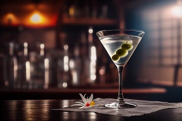 A chilled martini cocktail on a long bar with olives and a beautiful flower. Generative AI.