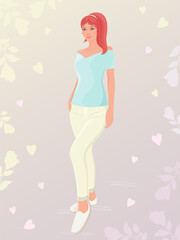 The red-haired girl is dressed in white trousers, a turquoise blouse and white sneakers. Background with hearts and abstract colors. Stylish cover or postcard