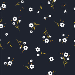 Seamless pattern of small fields of simple white flowers and bouquets on a dark blue background. Design for cotton fabric, wallpaper, home textile.