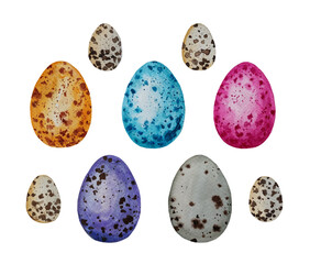 Set of watercolor Easter eggs isolated on white background. Colored dotted chicken and quail eggs. 