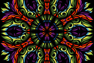 Beautiful caleidoscope symmetrical colourful gradient flowers line art of traditional abstract symbol batik dayak ornament design template elements
