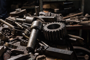 Old equipment, machines, tools in an abandoned mechanical factory