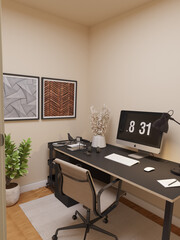 Modern Workroom. Illuminated Business Office With Modern Decoration. Template For Architecture, Interior Design And Luxury. 3D illustration. Florida, USA - 2023