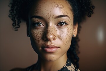 Young beautiful woman with spots in her skin because of vitiligo. World Vitiligo day. Skin disorders concept. Generative AI Illustration