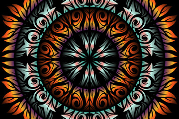 Beautiful caleidoscope symmetrical colourful gradient flowers line art of traditional abstract symbol batik dayak ornament design template elements
