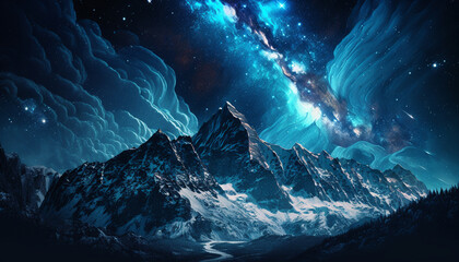 Cosmic Starry Night in Outer Space Background, Mountains on Strange Planet, Futuristic with Blues, Grays - Generative AI