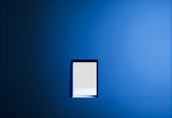 Blue background with a small white door. Negative space for copy, minimalist color design. Generative AI