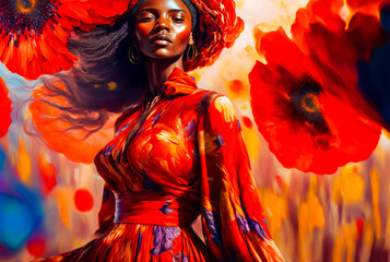 Beautiful black woman with colorful red dress and poppy flowers in background. Generative AI