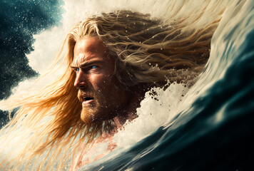 Handsome blonde man with piercing blue eyes in surf ocean wave. Generative AI - obrazy, fototapety, plakaty