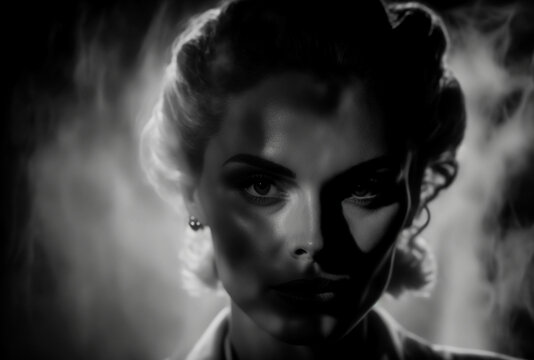 Black and white image of woman surrounded by smoke in film noir style. Generative AI