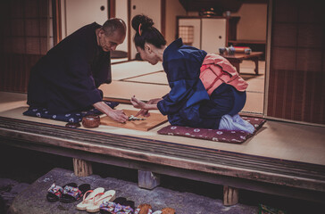 Senior couple lifestyle moments in a traditional japanese house