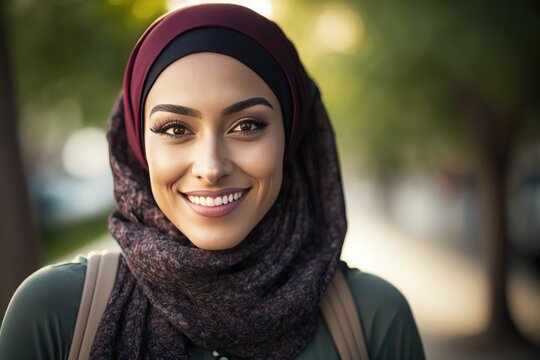 Smiling young college female student wearing a hijab looking at the camera. generative AI	
