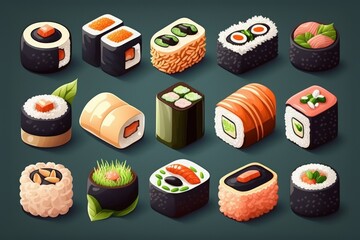 sushi maki rolls set in a variety of japanese food. Generative AI