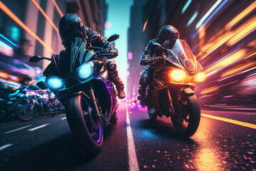 Racing cyberpunk motorcycles down a road in a city with neon lights. Generative AI