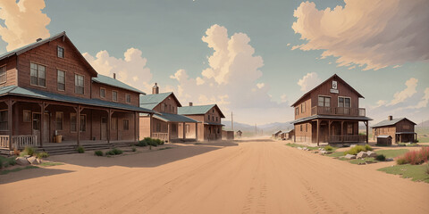 A street shot of a village in the wild west. AI.
