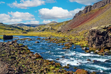 Beautiful icelandic landscape nature, stony water creek - Eldgja volcanic canyon, Iceland