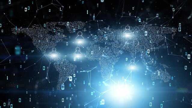 Digital technology binary data people icons and world map animation background.