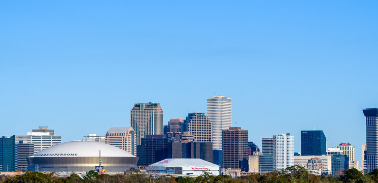 Wide view of New Orleans Downtown Skyline on January 5, 2023 in New Orleans, LA, USA