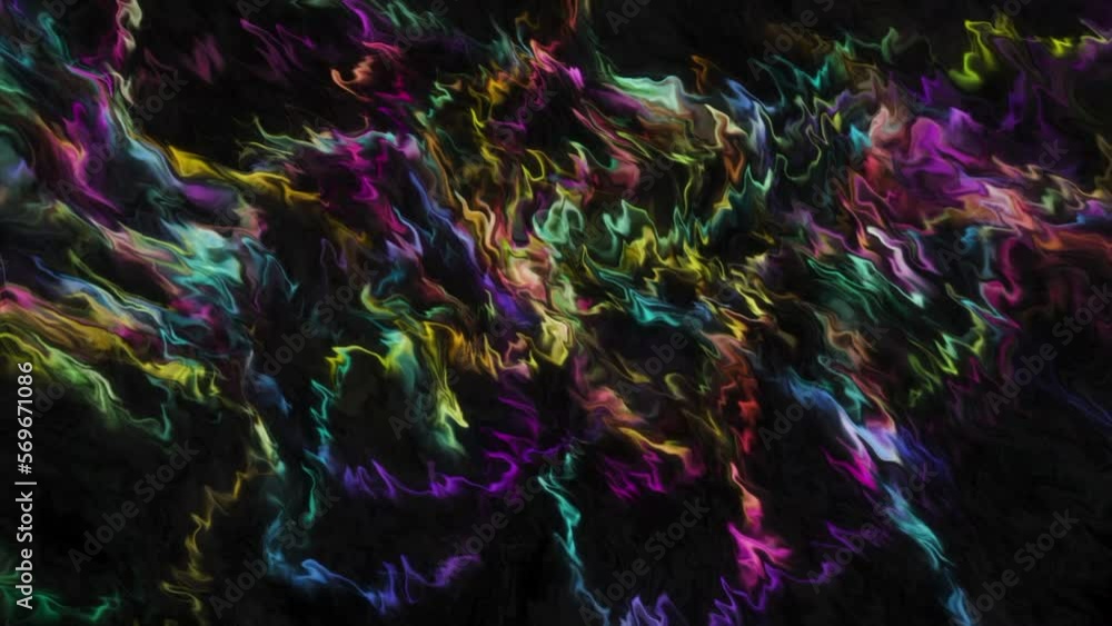 Poster black background with bright neon blots. motion.glossy spots made in 3d format move and flow.