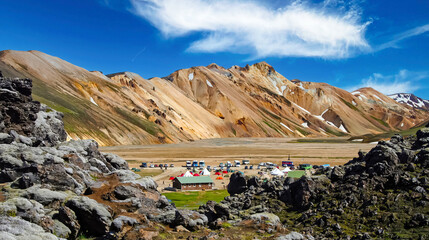 Beautiful icelandic valley landscape, colorful mountains, base camp for trekking tours - Landmannalaugar, Iceland