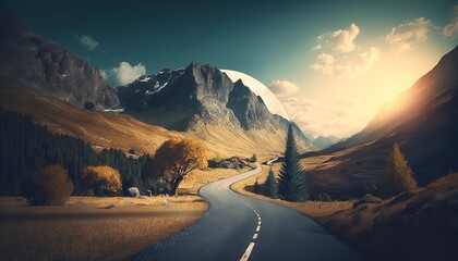 Fototapeta premium A road leading to distance in a mountain valley