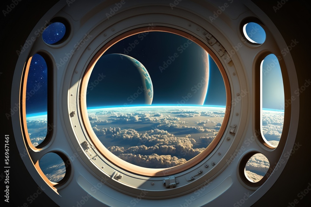 Poster space station window view generative ai